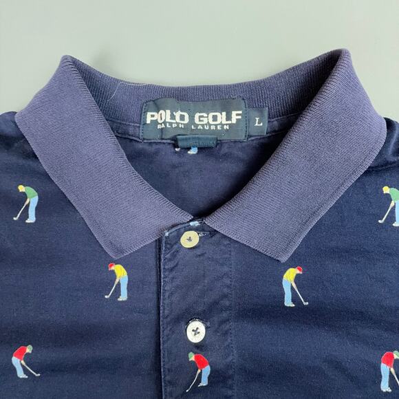 Vintage Polo Golf Ralph Lauren Golfer Print Polo Shirt L Navy All Over Print - Picture 4 of 5